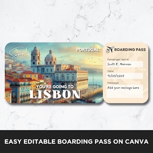 Modèle de billet d'avion de Lisbonne, modèle de billet de carte d'embarquement, carte d'embarquement de vol, billet d'avion, billet imprimable surprise