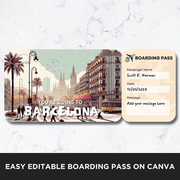 Sorpresa de viaje a Barcelona, plantilla de billete de avión, plantilla de billete de tarjeta de embarque, billete de avión, tarjeta de embarque de vuelo