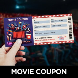 Movie Ticket Template, Printable Movie Coupon, Cinema Tickets, Movie Night Invitation, Movie Themed Party, Date Night Ideas