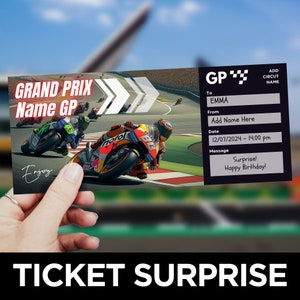 Modèle de billet modifiable Moto GP, Invitation Grand Prix, billet imprimable surprise course Moto GP, billet de course automobile