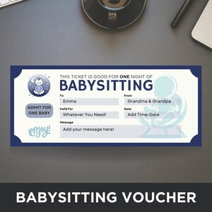 Printable Babysitting Voucher, Gift Coupon Template, Babysitter Coupon, Babysitting Ticket, Babysitting Certificate