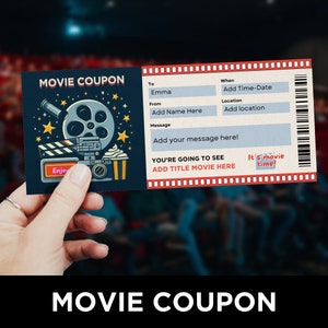 Movie Ticket Template, Printable Movie Coupon, Cinema Tickets, Movie Night Invitation, Movie Themed Party, Date Night Ideas