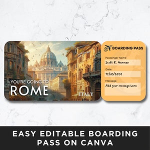 Carta d'imbarco di Roma, modello di biglietto aereo, carta d'imbarco di volo, biglietto aereo, buono regalo a sorpresa, biglietto stampabile