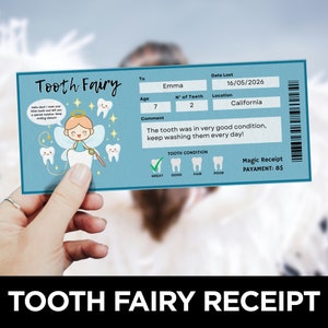 Modèle de reçu de fée des dents, modèle de reçu imprimable, certificat de fée des dents, note de fée des dents, première dent perdue