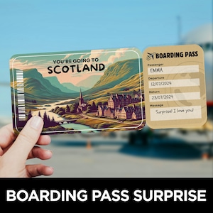 Carte d'embarquement pour l'Écosse, Voyage surprise, Modèle de billet d'avion, Carte d'embarquement, Carte d'embarquement pour un vol, Billet d'avion pour l'Écosse