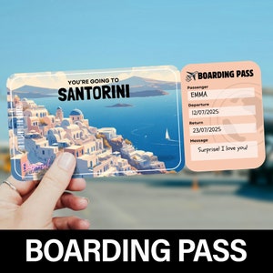 Carte d'embarquement pour Santorin, Voyage surprise, Modèle de billet d'avion, Coupon avion, Carte d'embarquement pour un vol, Billet d'avion pour la Grèce
