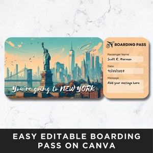 Carte d'embarquement pour New York, modèle de billet d'avion, carte d'embarquement pour un vol, billet d'avion, bon surprise, billet imprimable