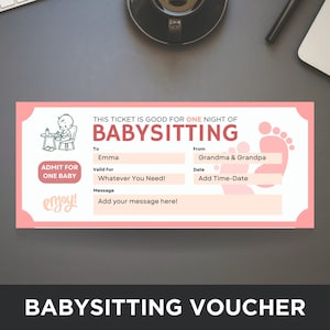 Printable Babysitting Voucher, Gift Coupon Template, Babysitter Coupon, Babysitting Ticket, Babysitting Certificate