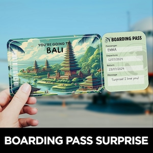 Carte d'embarquement pour Bali, Voyage surprise, Modèle de billet d'avion, Carte d'embarquement, Carte d'embarquement pour un vol, Billet d'avion pour l'Indonésie