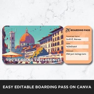 Modèle de billet d'avion pour Florence, modèle de billet carte d'embarquement, carte d'embarquement pour vol, billet d'avion, billet imprimable surprise