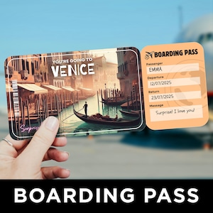 Cartão de embarque de Veneza, surpresa de viagem, modelo de passagem de avião, voucher de avião, cartão de embarque de voo, passagem aérea da Itália