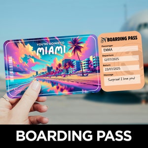 Modèle imprimable de carte d'embarquement pour Miami - billet d'avion voyage surprise & bon d'avion pour un anniversaire ou un cadeau expérience