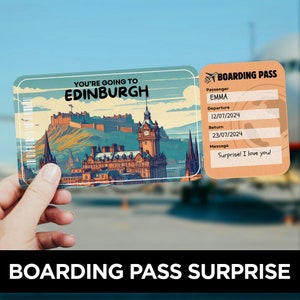 Viaggio a sorpresa a Edimburgo, modello di biglietto della carta d'imbarco, carta d'imbarco del volo, biglietto aereo, biglietto regalo stampabile