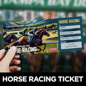 Pferderennen-Ticketvorlage, Pferderennen-Gutschein, Pferdeliebhaber-Geschenk, Reiten, Pferderennen-Derby, Ticket-Überraschung