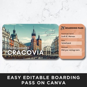 Krakow Boarding Pass, Plane Ticket Template, Flight Boarding Pass, Airline Ticket, Printable Voucher, Surprise Trip
