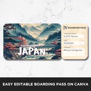 Modèle de billet d'avion pour le Japon, modèle de billet carte d'embarquement, carte d'embarquement de vol, billet d'avion, billet surprise à imprimer