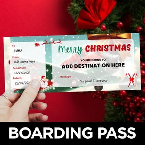 Cartão de embarque de Natal, Surpresa de viagem, Modelo de passagem aérea, Cartão de embarque de voo, Escapadinha de Natal, Férias de Natal em família