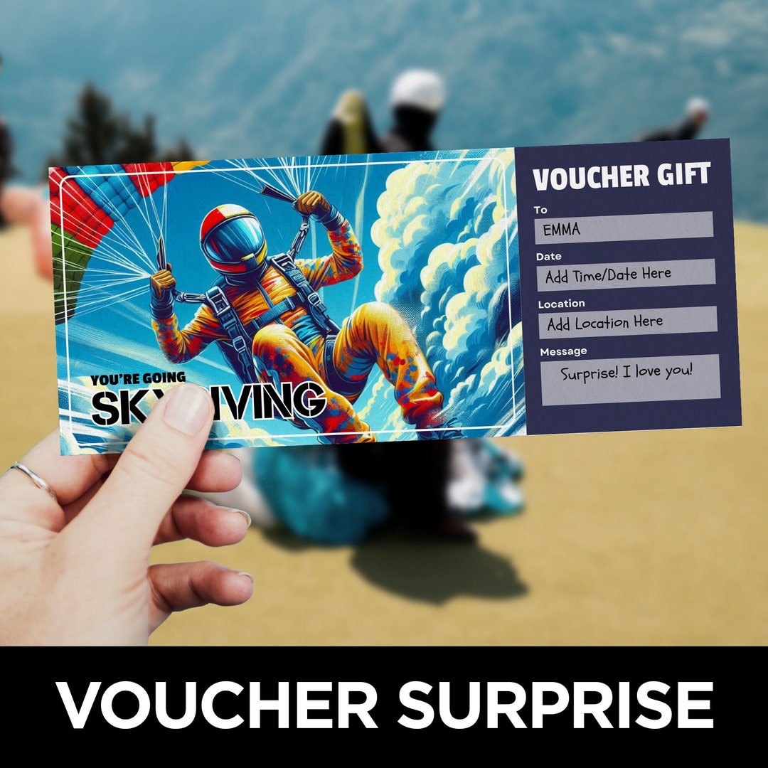 Skydiving Ticket, Parachute Jump Coupon Template, Printable Skydiving Voucher, Skydive Gift
