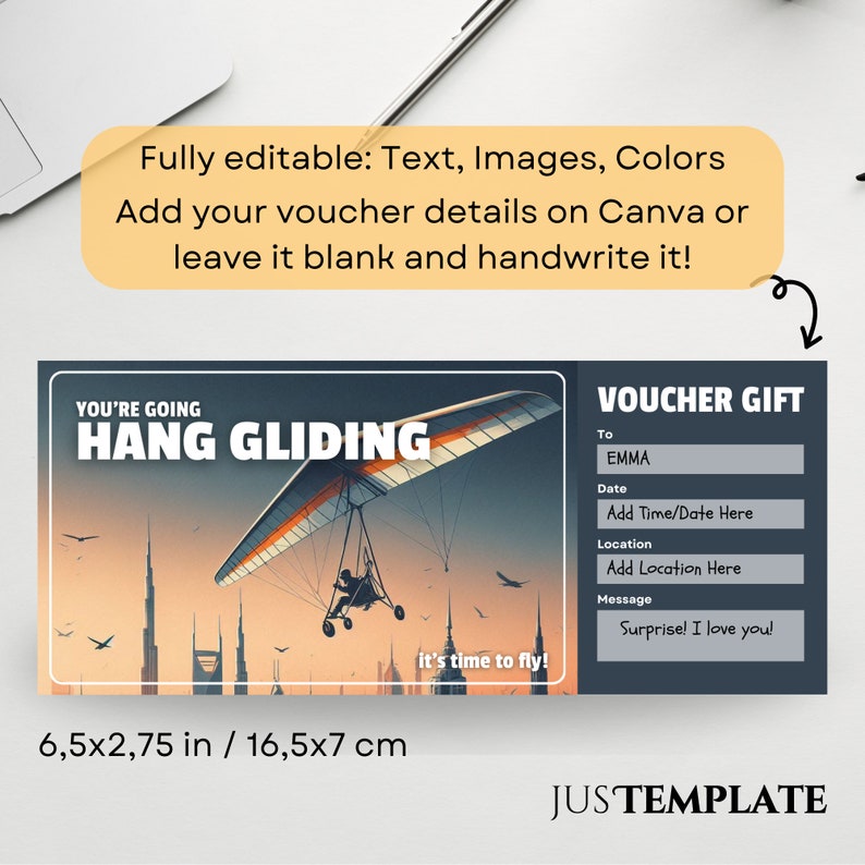 Hang Glider Ticket Template, Ski Trip Coupon, Hang Gliding Gift