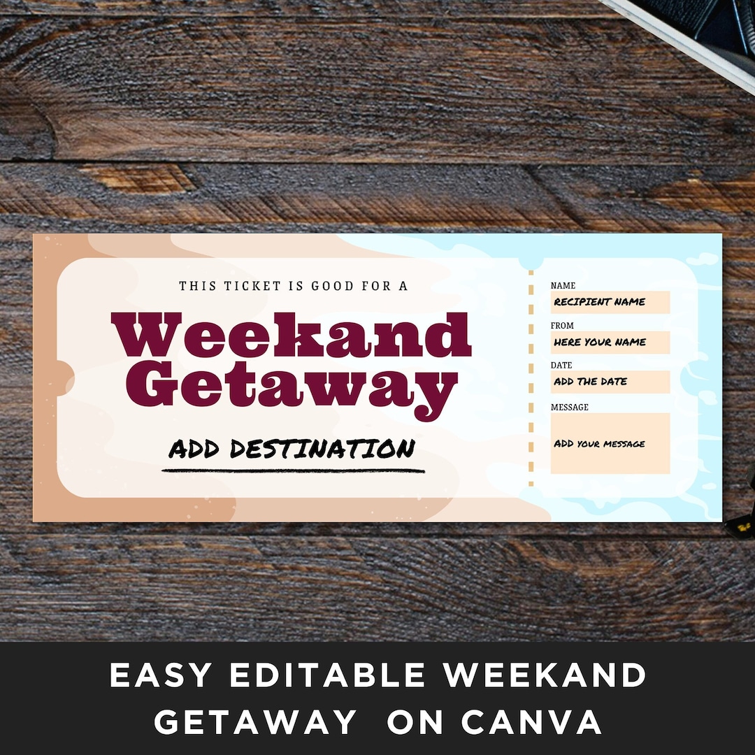 Weekend Getaway Ticket Template, Editable Travel Voucher, Sea Ticket, Coupon Template, Gift