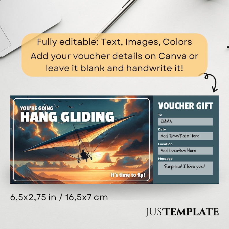 Hang Glider Ticket Template, Ski Trip Coupon, Hang Gliding Gift
