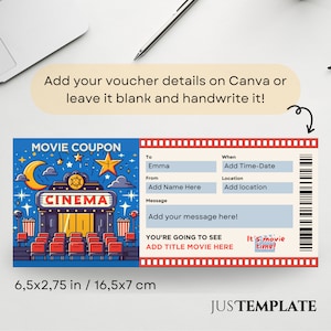 Movie Ticket Template, Printable Movie Coupon, Cinema Tickets, Movie Night Invitation, Movie ...