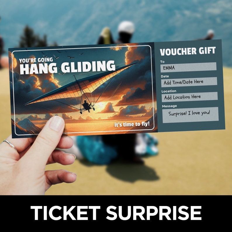 Hang Glider Ticket Template, Ski Trip Coupon, Hang Gliding Gift