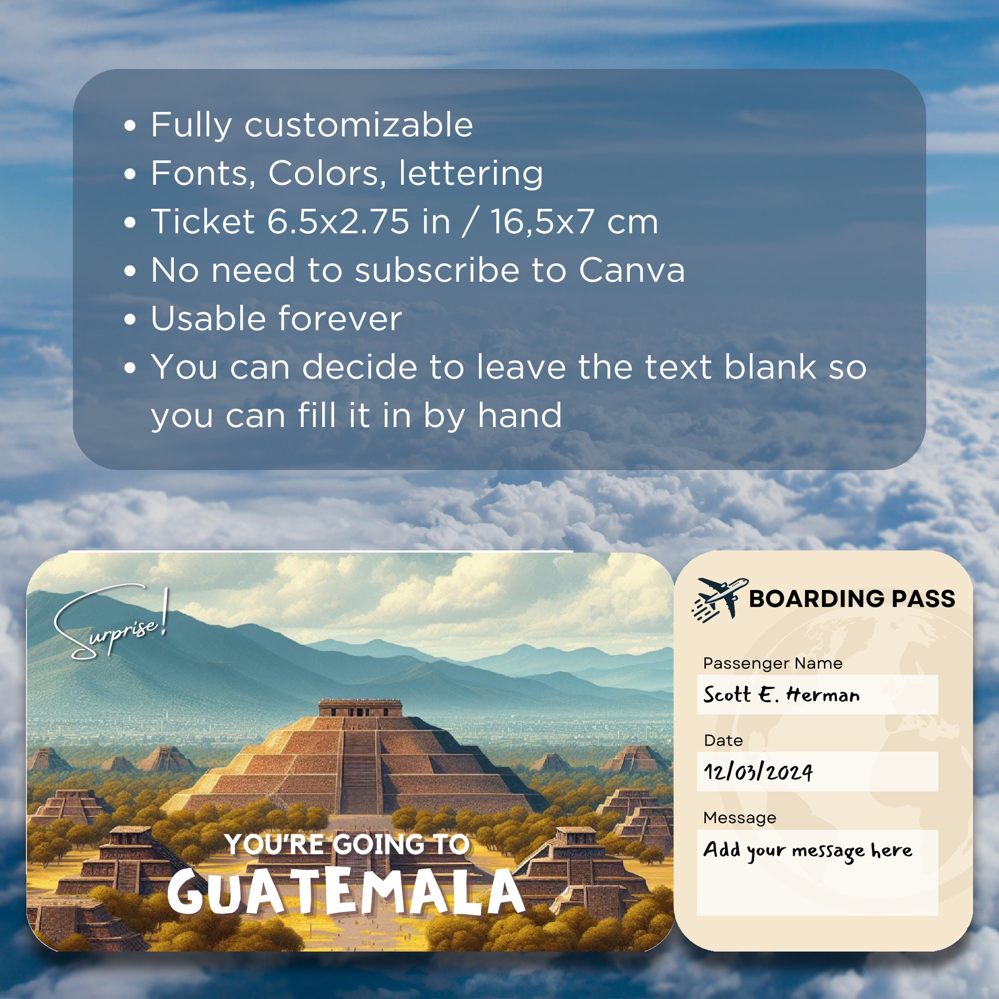Guatemala Plane Ticket Template, Boarding Pass Ticket Template, Flight