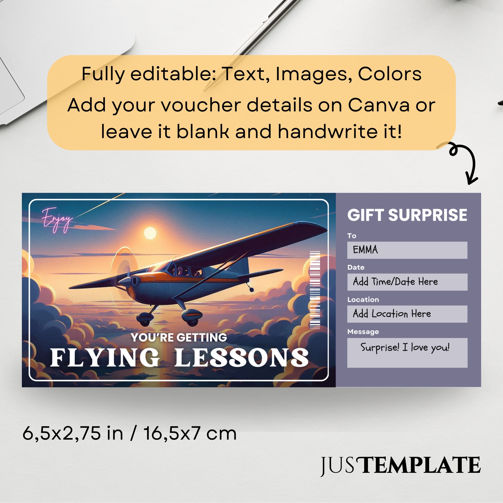 Flight Instructor Printable Flying Lesson Ticket, Flight Training, Learn to Fly, Flight Coupon ...