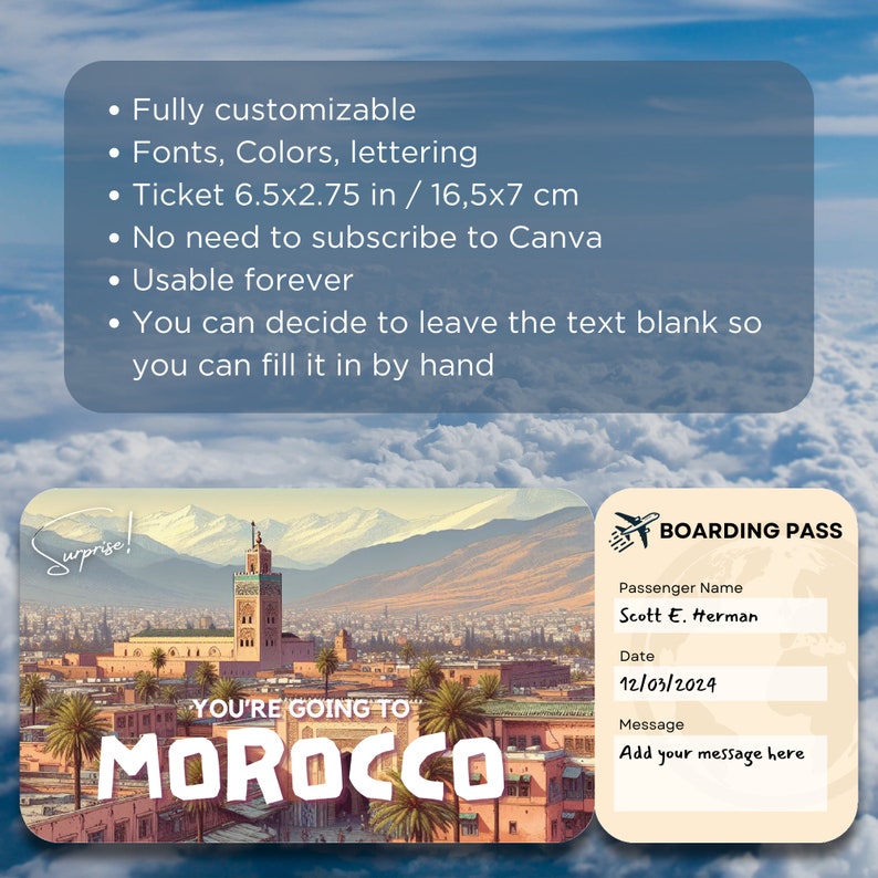 Morocco Plane Ticket Template, Boarding Pass Ticket Template, Flight