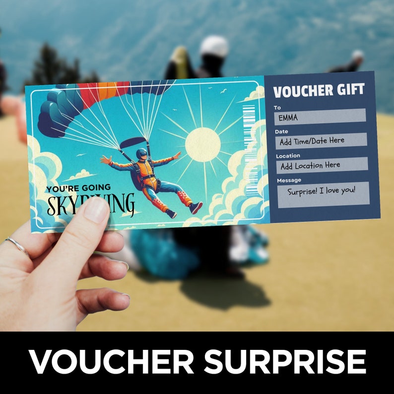 Skydiving Ticket, Parachute Jump Coupon Template, Printable Skydiving Voucher, Skydive Gift