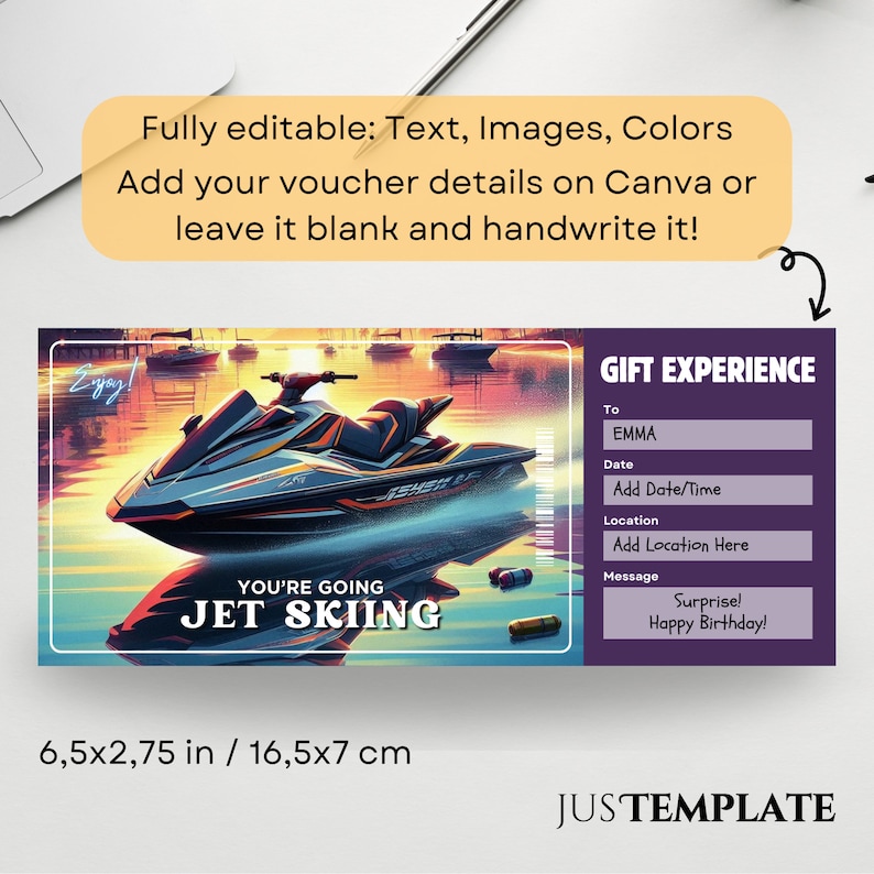 Jet Skiing Ticket Template, Jet Ski Lesson Voucher, Printable Jet Ski Coupon, Sport Ticket ...