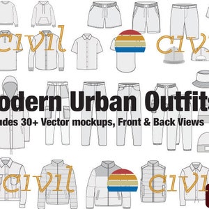 May include: A collection of 30+ vector mockups of modern urban outfits for men and women. The designs include jackets, shirts, pants, shorts, and accessories. The text "civil" appears in the image.