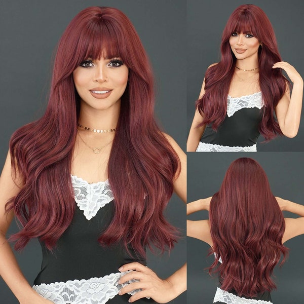 Handmade Red Long Curly Wig With Bangs Fancy Dress Wavy Hair