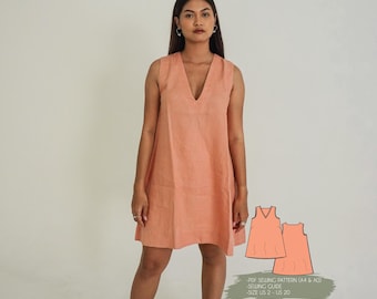 Luna Linen Mini Dress Sewing Pattern – V-Neck Sleeveless Summer Dress – Beginner Friendly PDF