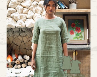 Camilla Linen Shift Dress PDF – Relaxed Fit Dress with Round Neckline and Sleeves