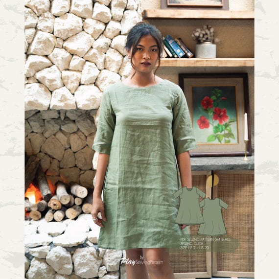 Camilla Linen Shift Dress PDF – Relaxed Fit Dress with Round Neckline and Sleeves