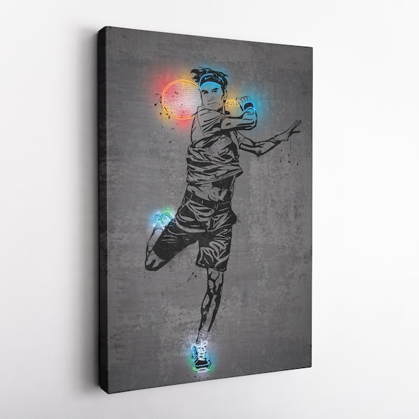 Affiche Roger Federer, toile de tennis néon, art mural, décoration d'intérieur, affiche encadrée, cadeau pour homme des cavernes