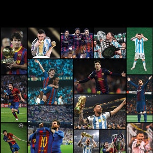 May include: A collage of photos featuring a football player holding trophies and celebrating victories. The player is wearing different jerseys, including a blue and white striped jersey and a red and blue jersey. The photos show the player in various poses, including holding a trophy aloft, celebrating with teammates, and looking at the camera.