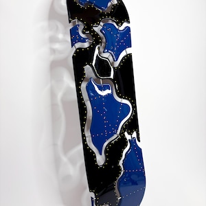 Hand painted Skateboard Deck - Puzzle Piece - Epoxy Resin Art Work - Custom Made Artwork - Handcut Skateboard Decor - Stainless Steel Frame
