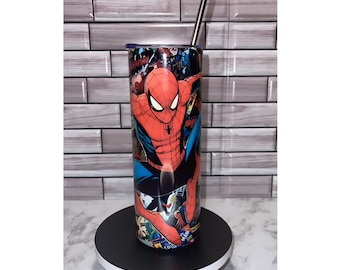 Spider man tumbler 20oz with straw and brush