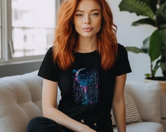 Futuristic Cyberpunk City T-Shirt - Neon Sci-Fi Graphic Tee - Retro Space Design Women's