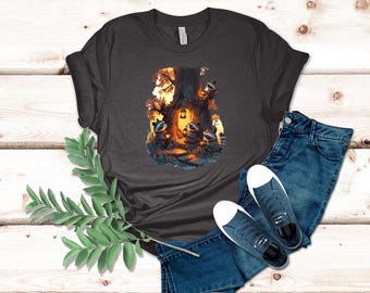 Charming Mischievous Raccoons Around Enchanted Tree T-Shirt Ideal for Forest and Animal Enthusiasts