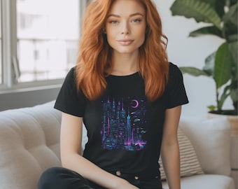 Cyberpunk City Night T-Shirt - Futuristic Neon Graphic Tee - Sci-Fi Skyline Design Women's