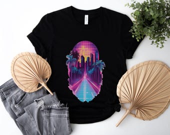 Vaporwave Inspired T-Shirt with Futuristic Neon Cityscape and Retro Aesthetic Palm Trees