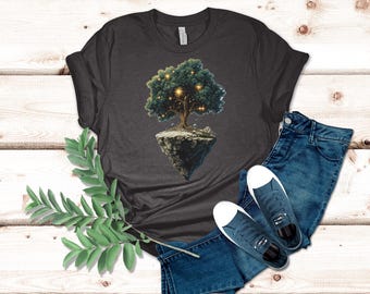 Celestial Roots Floating Island Tree Graphic T-Shirt for Nature Enthusiasts