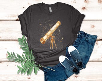 Antique Telescope Graphic T-Shirt Featuring Vintage Constellations Perfect for Astronomy Lovers and Stargazing Enthusiasts