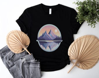 Minimalistisch T-shirt met berglandschap - op de natuur geïnspireerd T-shirt met print - schilderachtig ontwerp voor buiten