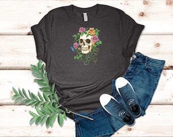 Vibrant Skull and Rose Illustration with Butterfly and Vines for Alternative Gothic Aesthetic and Home Decor