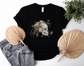 Elegant Skull with Roses and Butterflies Illustration for Gothic Nature-Inspired Aesthetic and Home Wall Decor